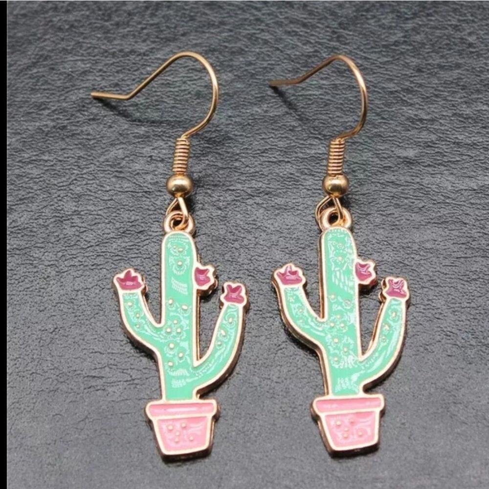 Gold tone enamel pink and green cactus earrings